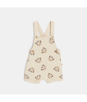 Baby boy's short tiger overalls and striped beige bodysuit