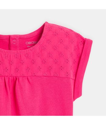 Baby girl's pink two-fabric T-shirt with broderie anglaise