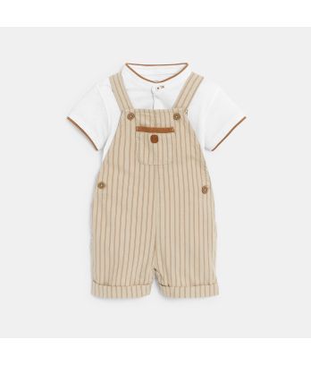 Baby boy's brown striped short overalls and polo shirt style bodysuit
