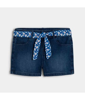 Girl's blue stretch denim belted shorts