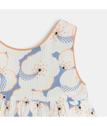 Baby girl's floral strappy pinafore dress and orange bloomers