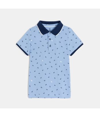 Boy's blue jersey piqué printed polo shirt with short sleeves