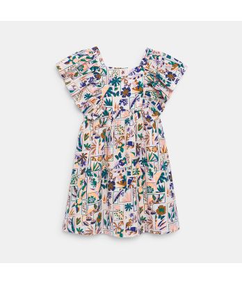 Girl's beige printed dress with ruffled sleeves