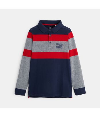 Striped polo shirt with a message "Open your mind"