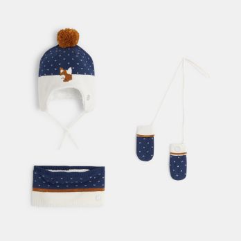 Matching patterned beanie + snood + mittens