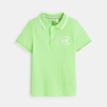 Boy's green piqué fabric polo shirt with short sleeves