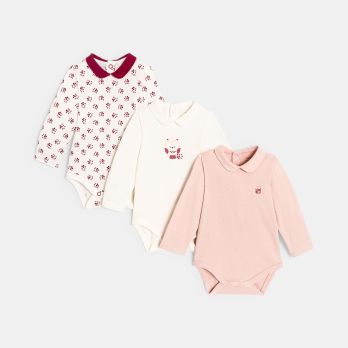 Newborn pink printed bodysuit with small collar (set of 3)