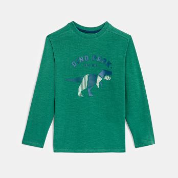 Boy's green dinosaur motif T-shirt with long sleeves