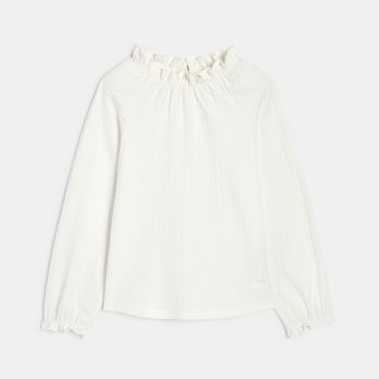 Girls' white T-shirt with small collar