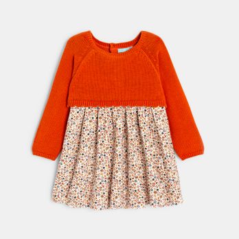 Baby girls' orange floral seersucker and knitted fabric bi-material dress