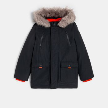 Boys' grey padded parka with hood.