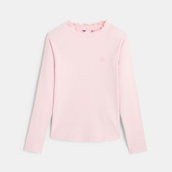 Girls' pink ribbed T-shirt with heart embroidery
