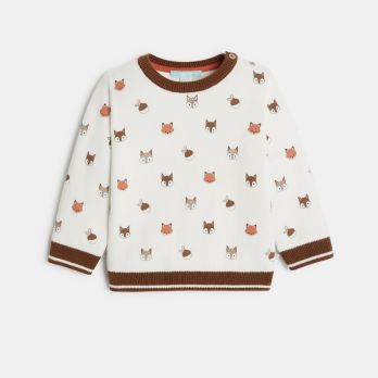 Baby boys' white animal print thick knitted jumper