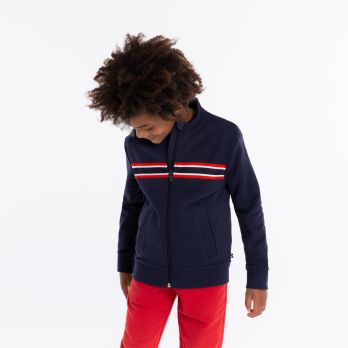 Boy's blue zip-up sweatshirt with stand-up collar