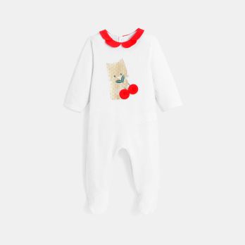 Baby girl's white cherry and kitten velvet sleepsuit