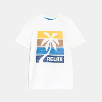 Boy's white slogan T-shirt with short sleeves