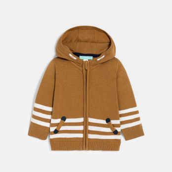 Baby boy's brown knitted cardigan with hood