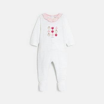 Baby girl's patterned, white sleepsuit with embroidered apples
