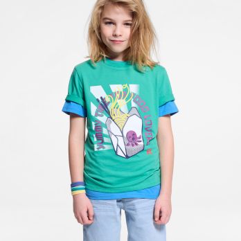 Boy's green Japanese-style patterned T-shirt with short sleeves