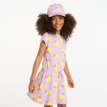 Girl's mauve strawberry motif jersey T-shirt dress