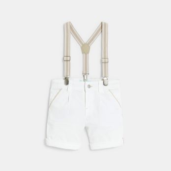 Baby boy's dart-front Bermuda shorts in decorative cotton with white braces.