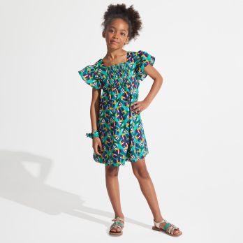 Girl's green printed smocked dress