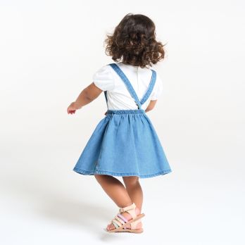 Baby girl's blue denim skirt with braces and white Tshirt