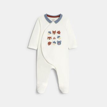 Baby boy's white forest animals velvet sleepsuit