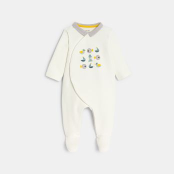 Baby boy white textured cotton fish sleepsuit