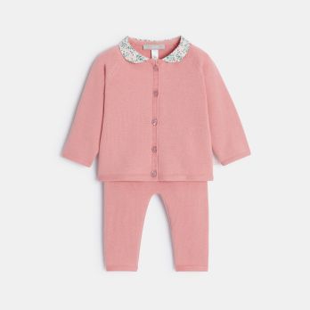 Baby girl's pink knitted cardigan and trousers set