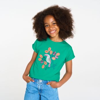 Girls' green toucan motif T-shirt