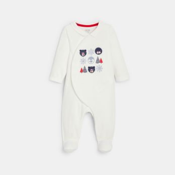 Baby boy's white velvet animal sleepsuit