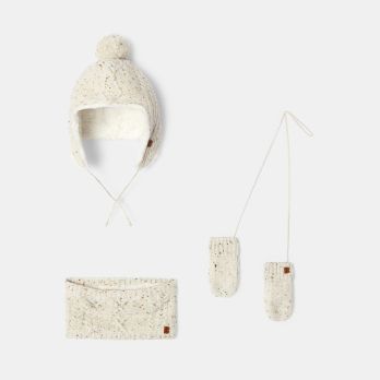 Baby boy's white knitted Peruvian-style hat, snood and mittens with lining