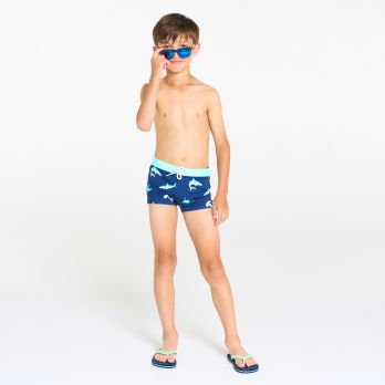 Boy's blue printed boxer-style swimming shorts