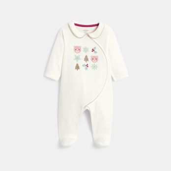 Baby girl's white velvet sleepsuit with embroidered bear