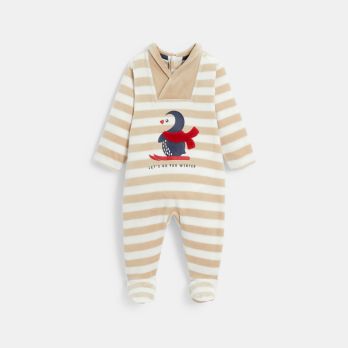 Baby boy's brown striped velvet penguin sleepsuit