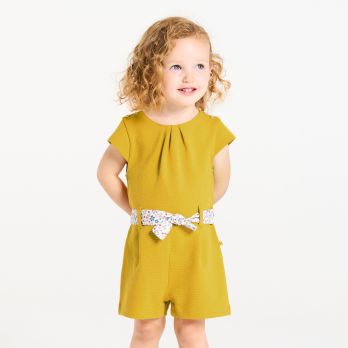 Baby girl's yellow textured playsuit with floral belt