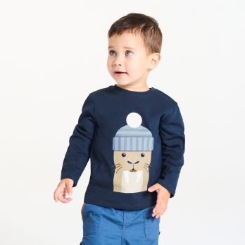 Baby boy's navy blue long-sleeve beaver T-shirt