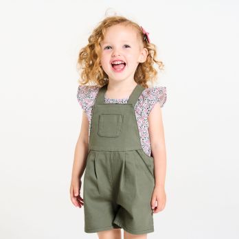 Baby girl's khaki short overalls and peacock blouse
