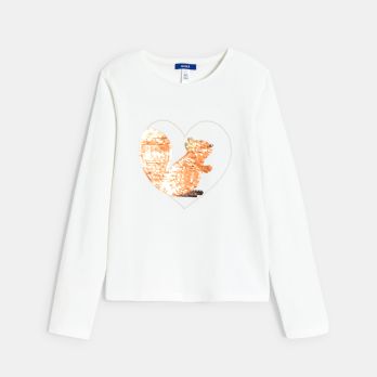 Girl's white T-shirt with magic sequin squirrel motif