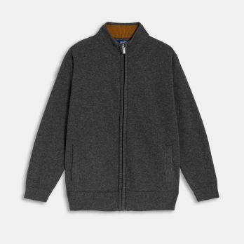 Boy's dark grey zipped cardigan with stand-up collar