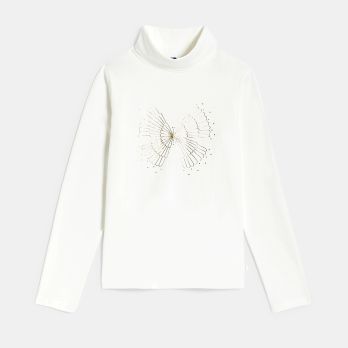 Girl's white polo-neck T-shirt with sequin motif