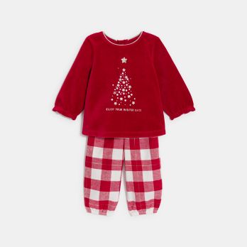 Baby girl's red velvet and flannel pyjamas