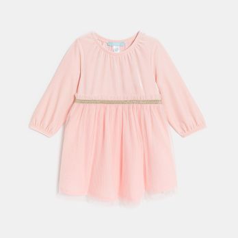 Baby girl's pink tulle and velours two-fabric dress