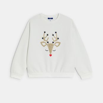 Girl's white glittery deer motif sweatshirt