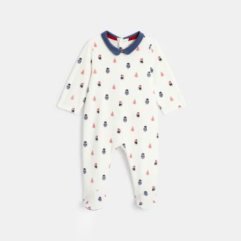 Baby boy's blue velvet penguin sleepsuit and cardigan
