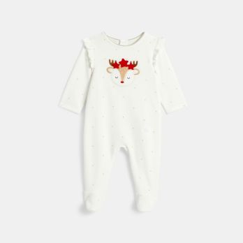Baby girl's white shiny fawn velvet sleepsuit