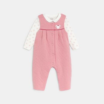 Newborn girls knitted mouse overalls and pink floral bodysuit