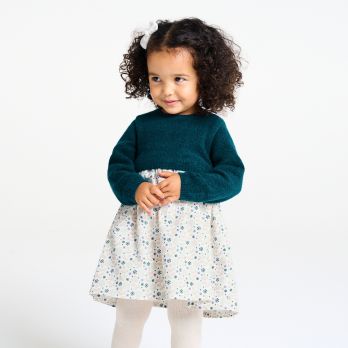 Baby girl's green knit and jersey two-fabric dress