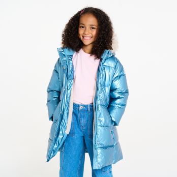 Girl's blue, longline water-repellant down jacket